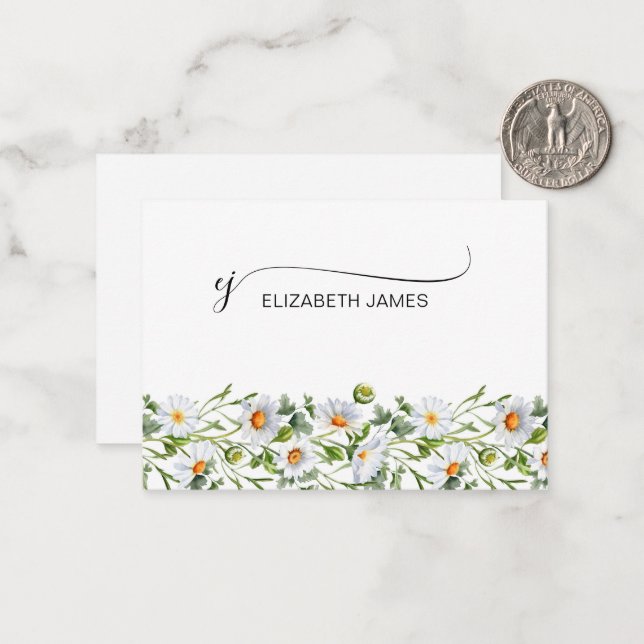 Tarjeta Pequeña Flores blancas elegantes Script Iniciales de Monog (Anverso/Reverso In Situ)