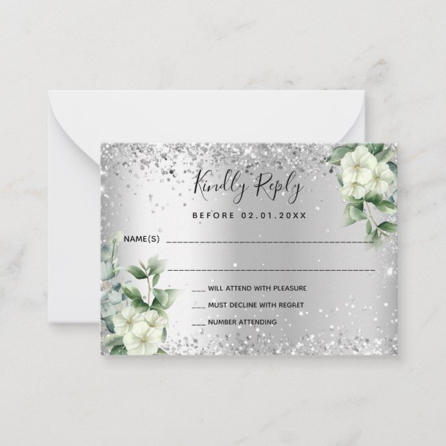Tarjeta Pequeña Flores blancas plateadas boda eucalipto RSVP (Anverso)