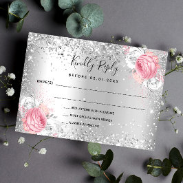 Tarjeta Pequeña Flores blancas rosadas purpurina boda RSVP