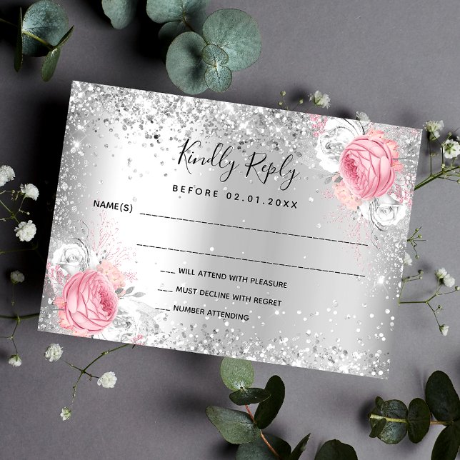 Tarjeta Pequeña Flores blancas rosadas purpurina boda RSVP (Subido por el creador)