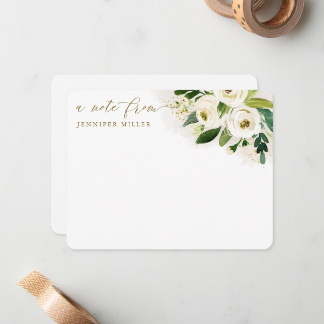 Tarjeta Pequeña Flores de Acuarela Blanca Script (Anverso/Reverso In Situ)