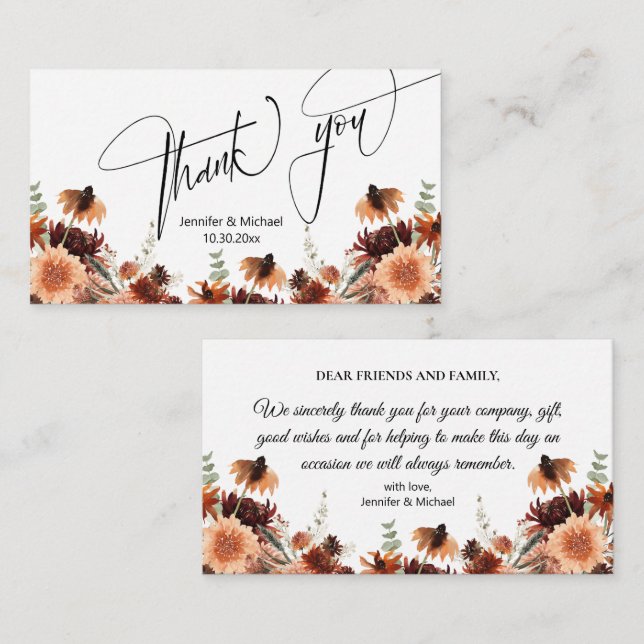 Tarjeta Pequeña flores de cascada de otoño gracias boda (Anverso / Reverso)