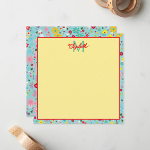 Tarjeta Pequeña Flores de primavera en el monograma azul Aqua