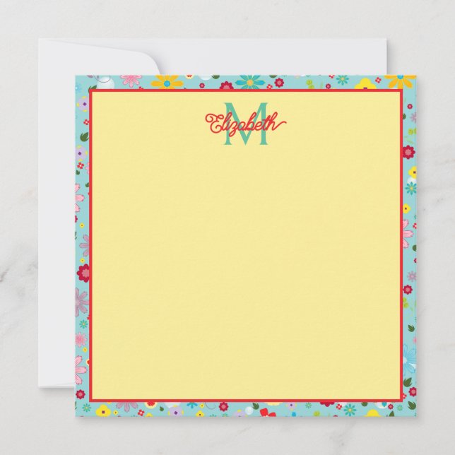 Tarjeta Pequeña Flores de primavera en el monograma azul Aqua (Anverso)