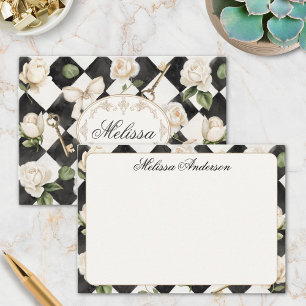 Tarjeta Pequeña Flores de Rosa Vintage Monograma Diamante Blanco N