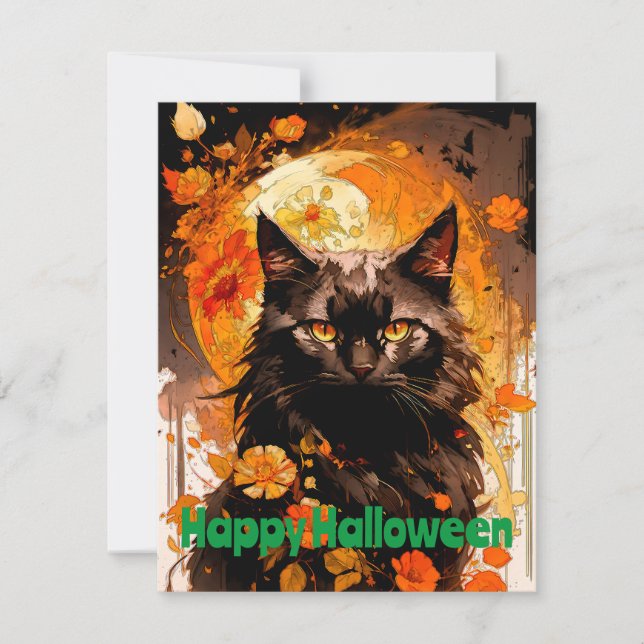 Tarjeta Pequeña Flores mágicas de la luna del gato negro (Anverso)