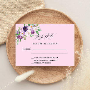 Tarjeta Pequeña Flores moradas rosadas respuesta boda RSVP