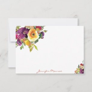 Tarjeta Pequeña Flores personalizadas de acuarela naranja y púrpur