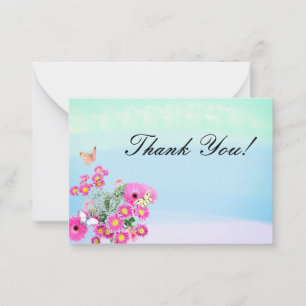 Tarjeta Pequeña Flores rosas Bouquet y mariposas gracias