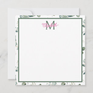 Tarjeta Pequeña Flores rosas y hojas verdes en monograma blanco