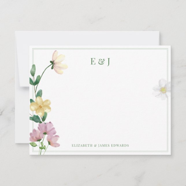 Tarjeta Pequeña Flores silvestres monogramadas de doble borde verd (Anverso)
