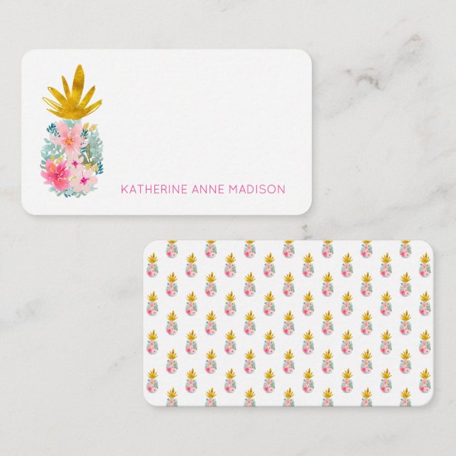 Tarjeta Pequeña Flores tropicales rosas y piña dorada (Anverso / Reverso)