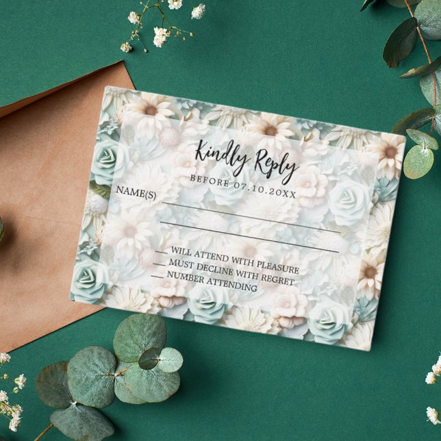 Tarjeta Pequeña Flores verdes polvorientas respuesta boda RSVP (Subido por el creador)