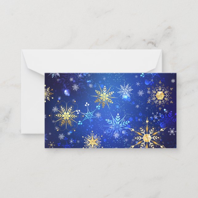 Tarjeta Pequeña Fondo azul de NAVIDAD con copos de nieve dorados (Anverso)