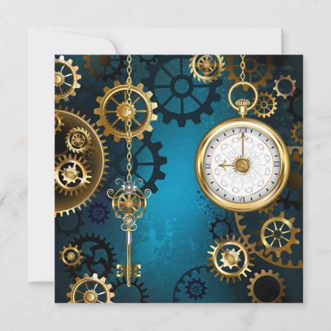 Tarjeta Pequeña Fondo turquesa Steampunk con engranajes (Anverso)
