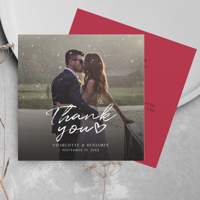 Tarjeta Pequeña Foto Boda con letras de mano moderna Gracias (Wedding Thank You Couples Photo Square Card)