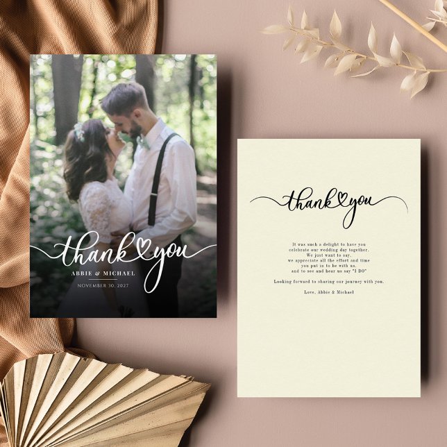 Tarjeta Pequeña Foto boda Gracias Escrito A Mano (Elegant Hand-Lettered Wedding Photo Thank You Card)