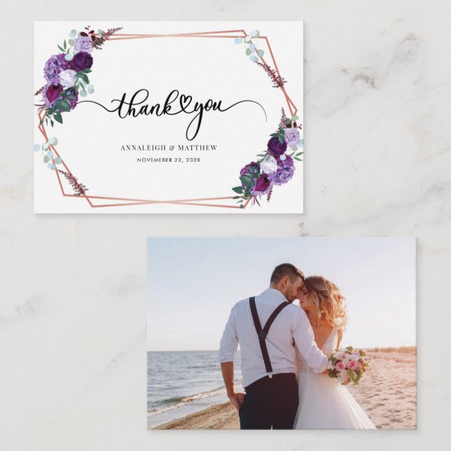Tarjeta Pequeña Foto de Boda Purple Floral de presupuesto (Anverso / Reverso)