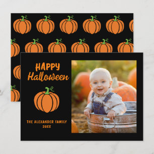 Tarjeta Pequeña Foto de familia Calabaza naranja Negra Feliz Hallo
