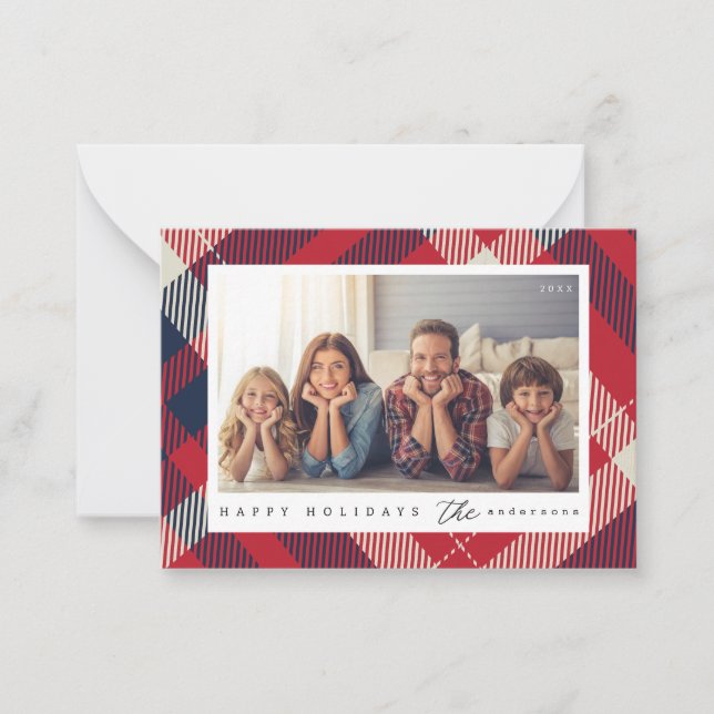 Tarjeta Pequeña Foto familiar de Navidades de Placas Azules Rojas  (Anverso)