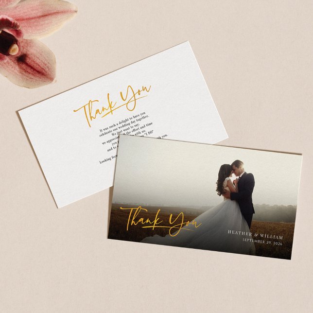 Tarjeta Pequeña Foto Faux Gold Boda con letras de mano gracias (Subido por el creador)