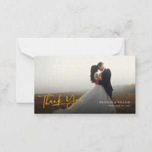 Tarjeta Pequeña Foto Faux Gold Boda con letras de mano gracias no