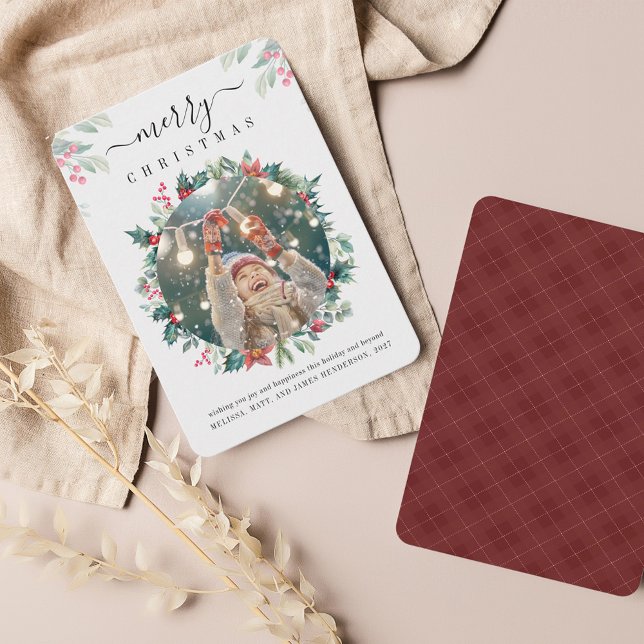 Tarjeta Pequeña Foto Feliz Navidad Red Berries Botánica (Red Berries Script Merry Christmas Photo Greetings Card)
