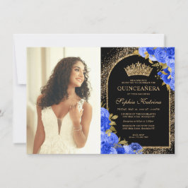 Tarjeta Pequeña Foto floral de oro azul negro presupuestal Quincea