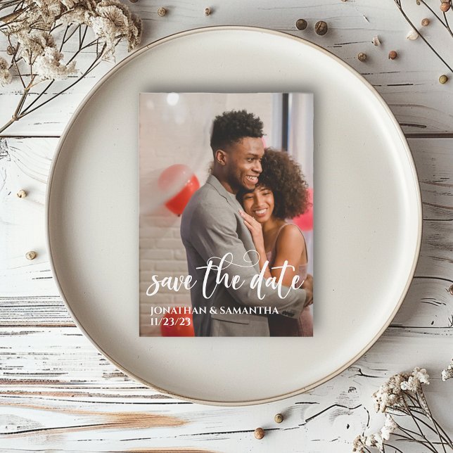 Tarjeta Pequeña Foto moderna de caligrafía Save the Date Budget (Subido por el creador)