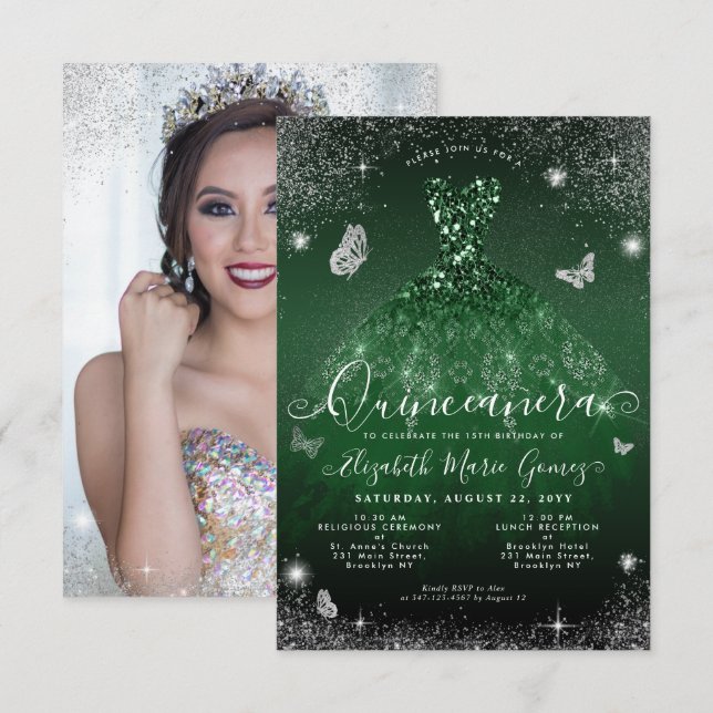 Tarjeta Pequeña Foto Quinceanera del Glam verde de esmeralda presu (Anverso / Reverso)