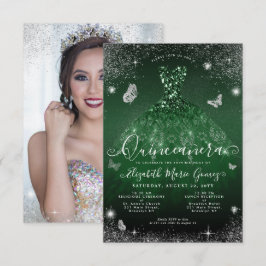 Tarjeta Pequeña Foto Quinceanera del Glam verde de esmeralda presu