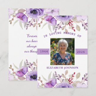 Tarjeta Pequeña Foto Simpatía Funeral Memorial Floral Púrpura 