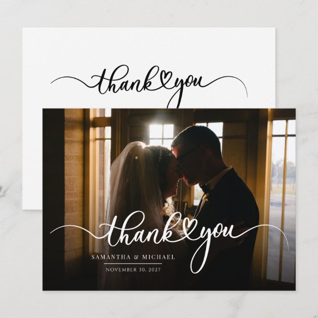 Tarjeta Pequeña Fotografía Boda manuscrita de las parejas gracias (Anverso / Reverso)