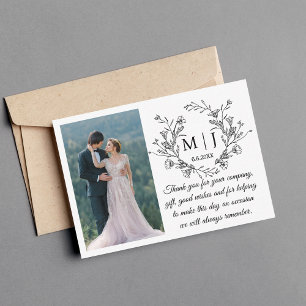 Tarjeta Pequeña fotografía de boda de monograma floral de agradeci