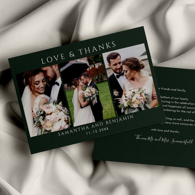 Tarjeta Pequeña Fotos bodas Gracias (Love and Thanks Photo Collage Green Custom Thank You Note Card)