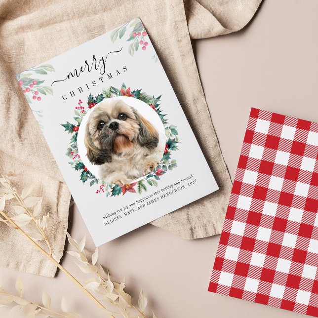 Tarjeta Pequeña Fotos botánicas del perro Personalizado de navidad (Elegant Pet Photo Gingham Plaid Christmas Greetings Card)