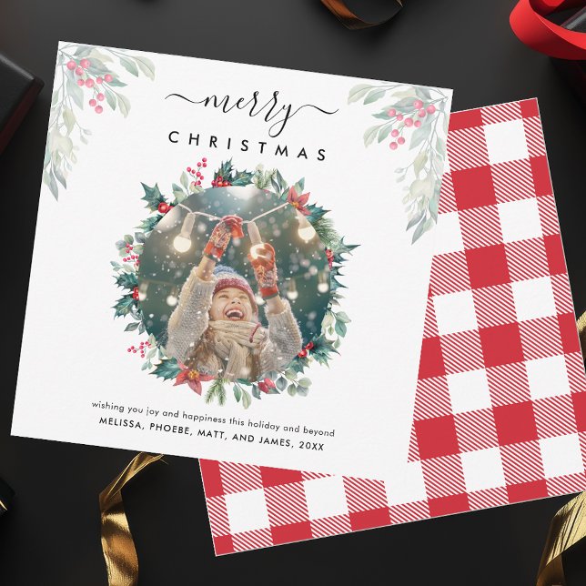 Tarjeta Pequeña Fotos de ferries navideñas de Merry (Christmas Greetings Photo Rustic Plaid Red and White Checkered Card)