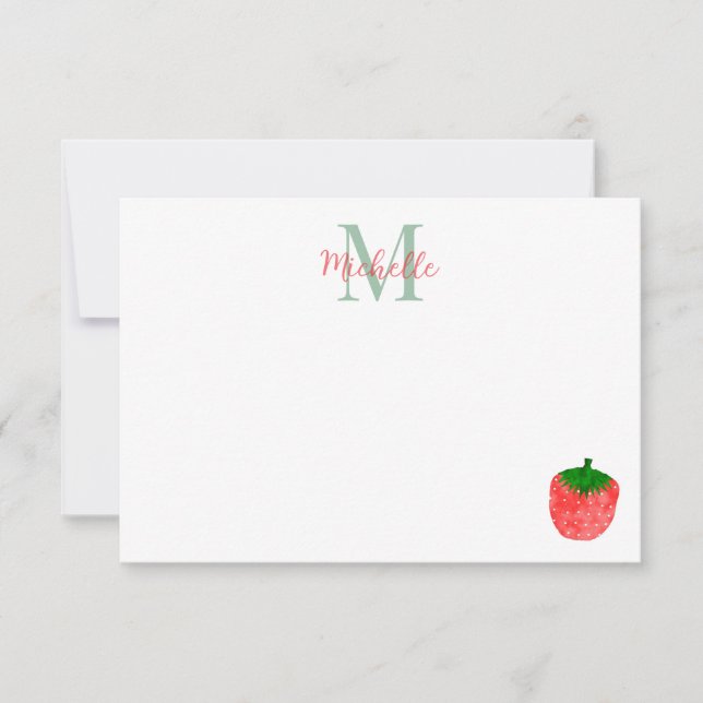 Tarjeta Pequeña Fresa de Acuarela Monograma Personalizado Adorable (Anverso)