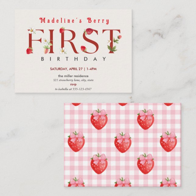 Tarjeta Pequeña Fresa primer cumpleaños Fiesta Berry primero (Anverso / Reverso)