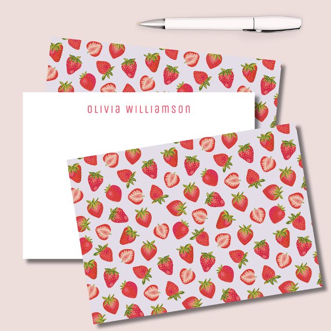 Tarjeta Pequeña Fresa rosa linda (Strawberry notecards with personalized name or choice of text to one side. )