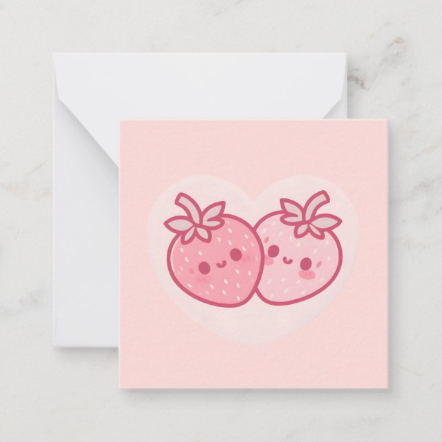 Tarjeta Pequeña Fresas Kawaii Rosadas de San Valentín (Anverso)