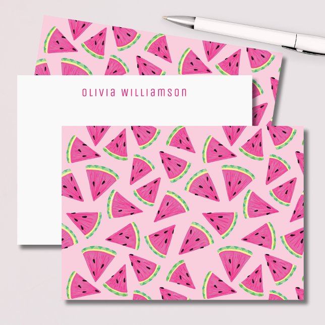 Tarjeta Pequeña Fruta de la sandía rosa personalizada (Colorful pink, tropical watermelon slice notecards. Customize with your own name or choice of text.)