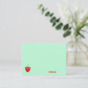 Tarjeta Pequeña Fruto de fresa monograma kawaii en turquesa