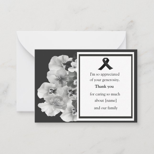 Tarjeta Pequeña Funeral De Pansy Negro Y Blanco Gracias (Anverso)