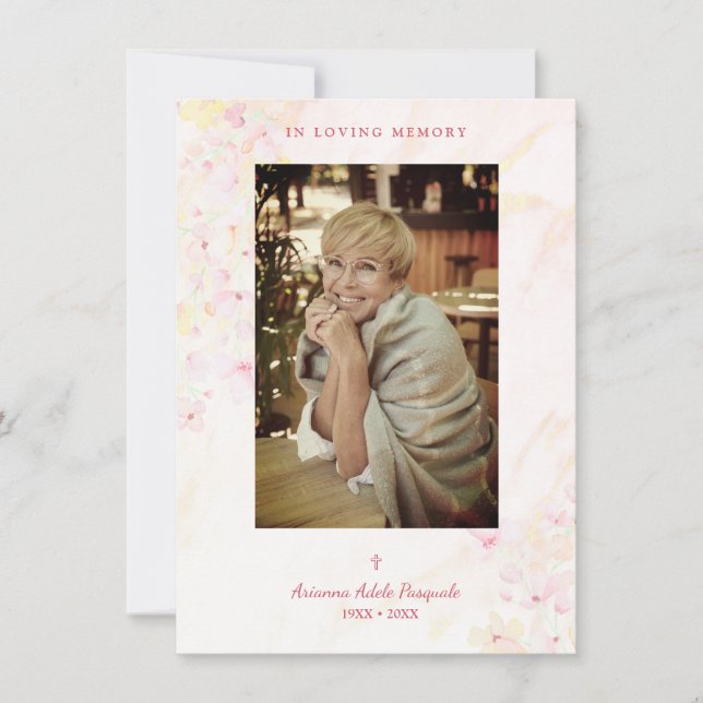 Tarjeta Pequeña Funeral floral tradicional y elegante de foto rosa (Anverso)