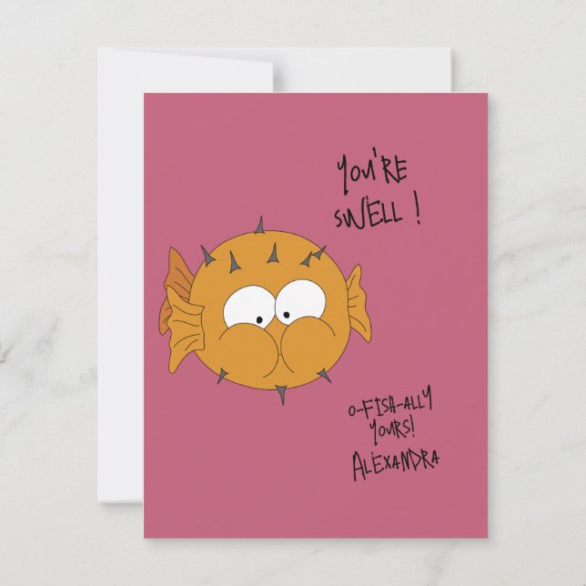Tarjeta Pequeña Funny Cute “You’re Swell” Puffer Fish Pun  (Reverso)