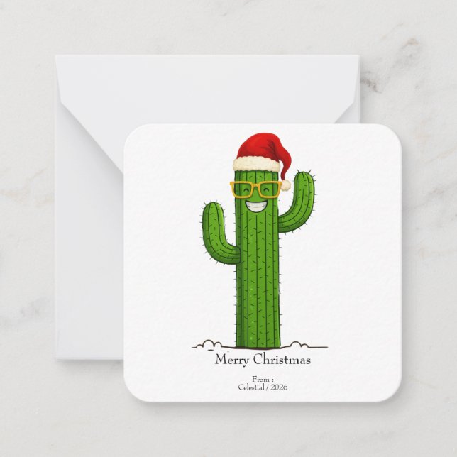 Tarjeta Pequeña Funny Navidades Cactus con Santa Hat y Glasses (Anverso)