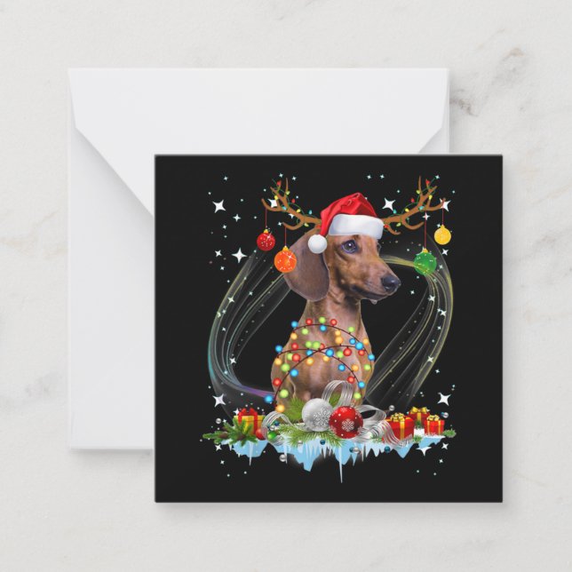 Tarjeta Pequeña Funny Santa Dachshund Reindeer Light Navidades (Anverso)