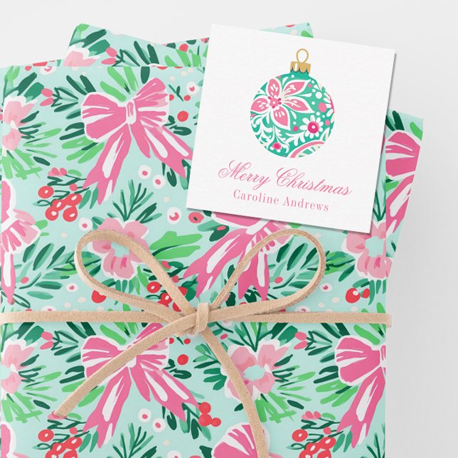 Tarjeta Pequeña Gabinete de ornamento preppy rosa y verde de Navid (Subido por el creador)