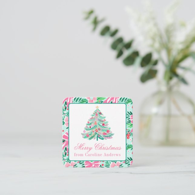 Tarjeta Pequeña Gabinete de regalo de árbol de Navidad verde y ros (Anverso de pie)